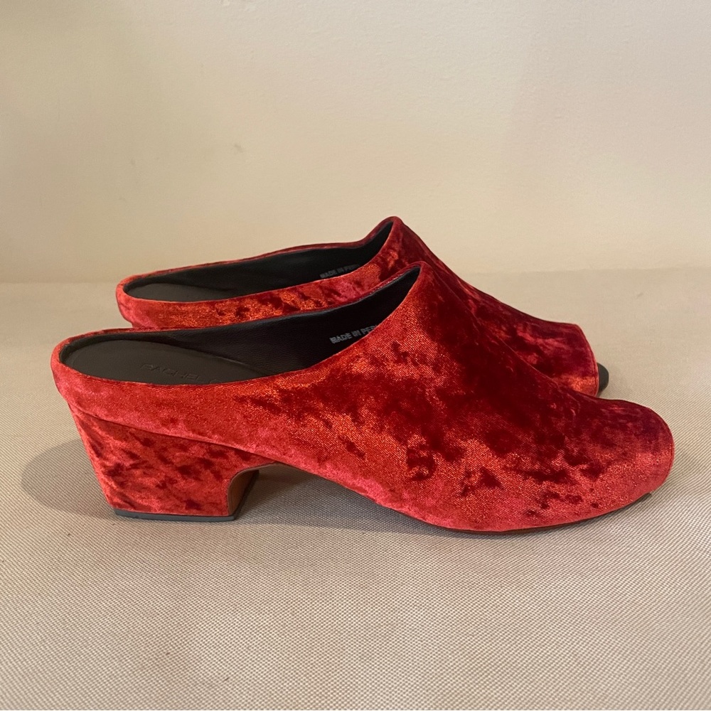 Rachel Comey red velvet peep toe block heel slides mules heels wedge fits 9